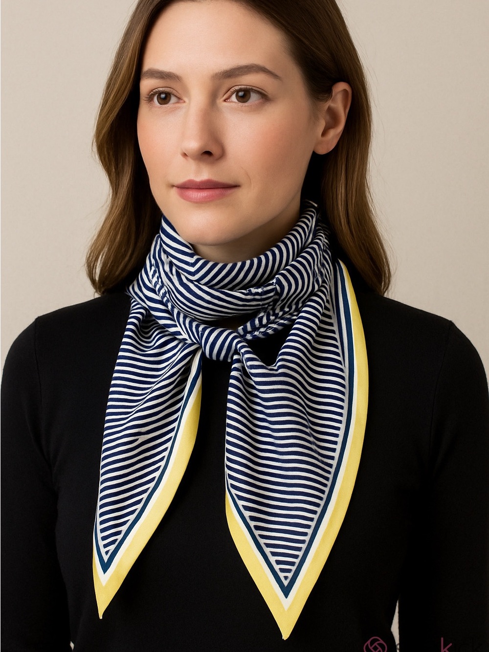 Vintage VERA NEUMANN silk scarf pointed ends blue white stripes yellow 6.5” x 65